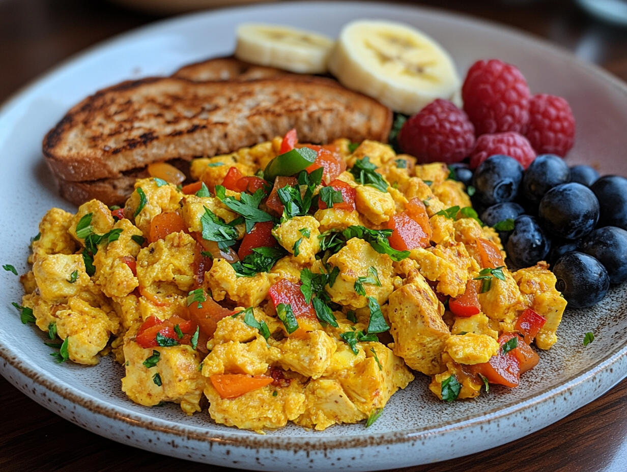 Tofu Scramble with Whole Wheat Toast and Berries